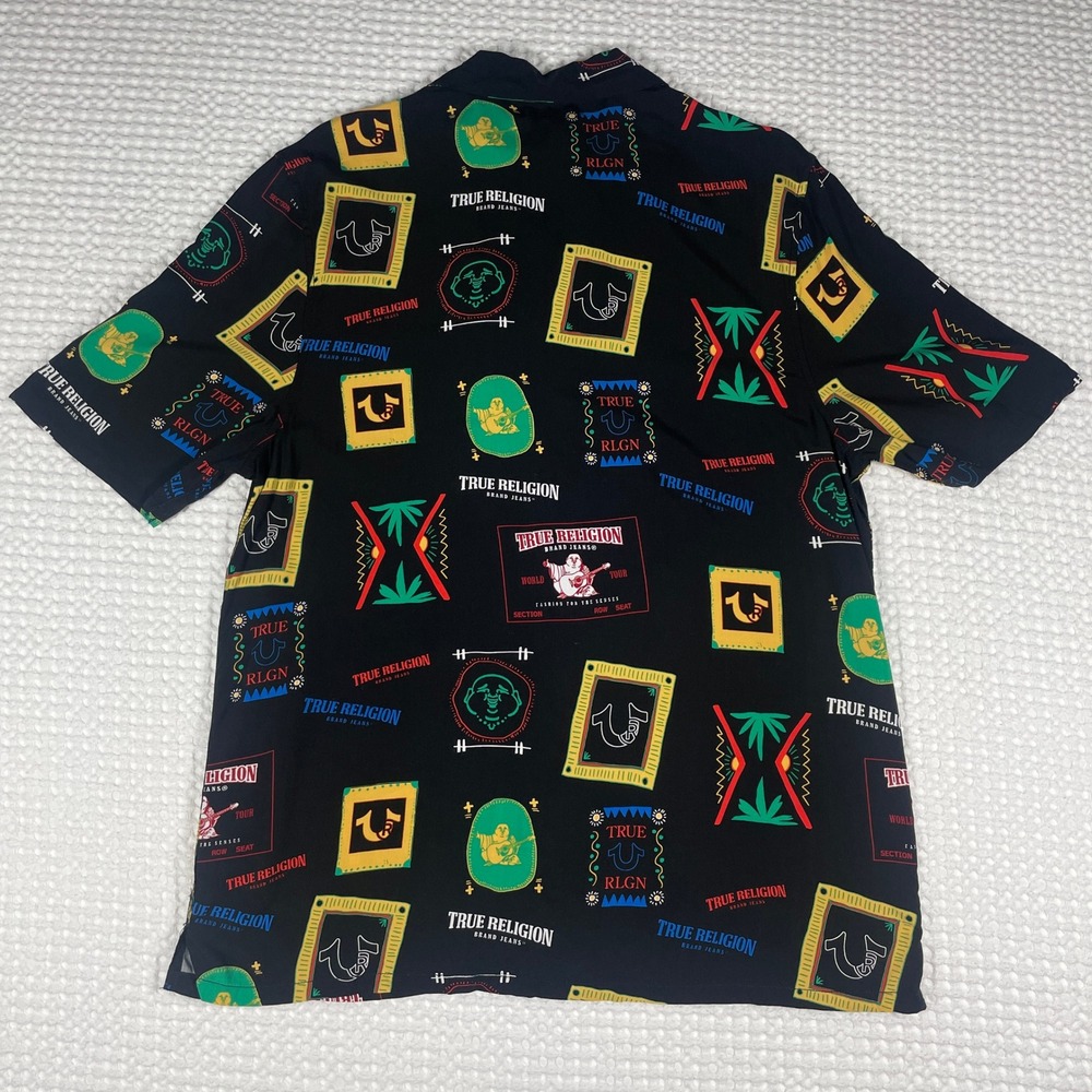 True Religion Resort Shirt Mens Large Black NWT SS Camp Collar Graphic Buddha - Picture 3 of 16